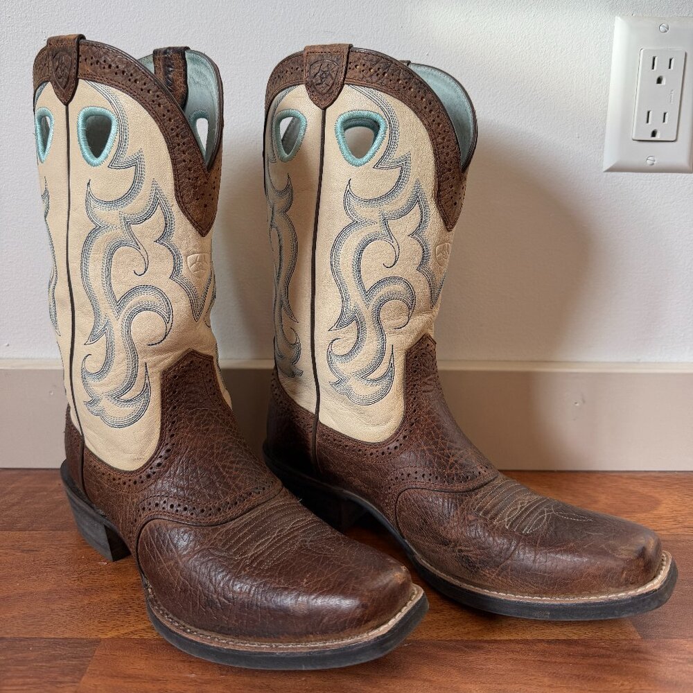 Ariat Rawhide Womens 8.5B Western Brown White Leather Square Toe Boots 10006885